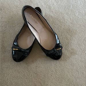Prada Black Patent Flats with Gold Prada Ribbon